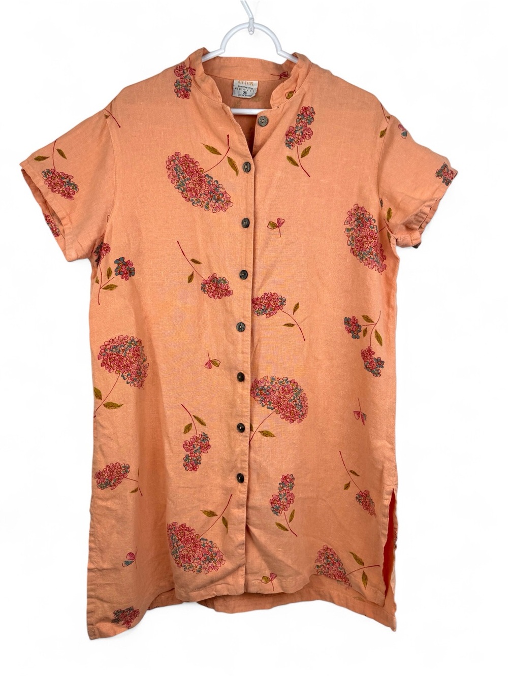 Click Color Me Cotton Linen Peach Floral Button-Front Tunic Shirt Size XL USA